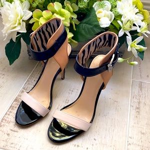 GUESS “Gwheshialy” Nude/Black Leather Ankle Strap Stiletto Heels